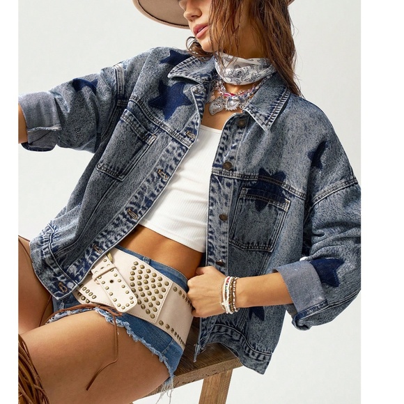 Vintage Look Star Print Button Denim Jean Jacket - Picture 3 of 7